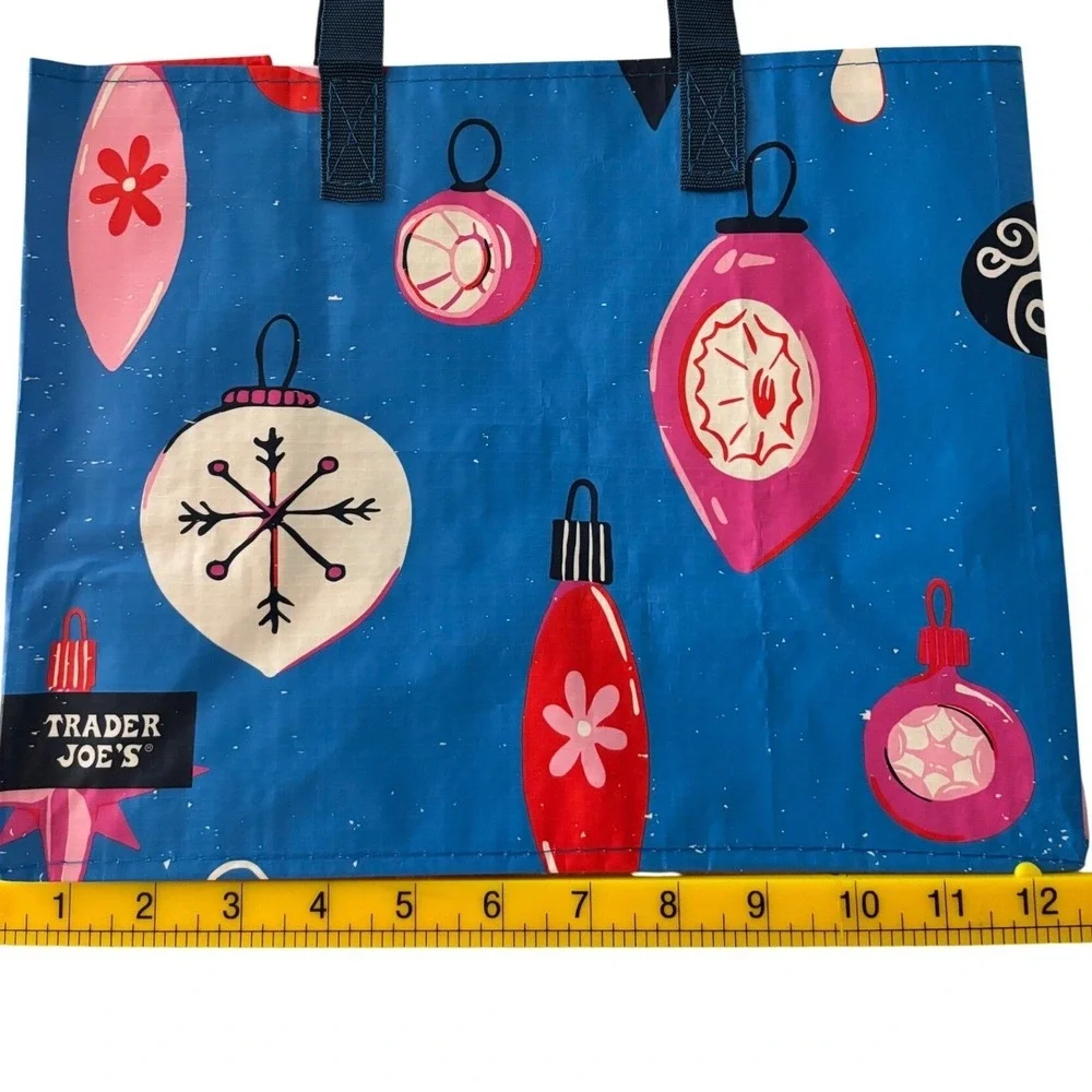 Trader Joes Reusable Gift Bag Holiday 2025 Ornaments Blue Pink‎ Christmas - 2
